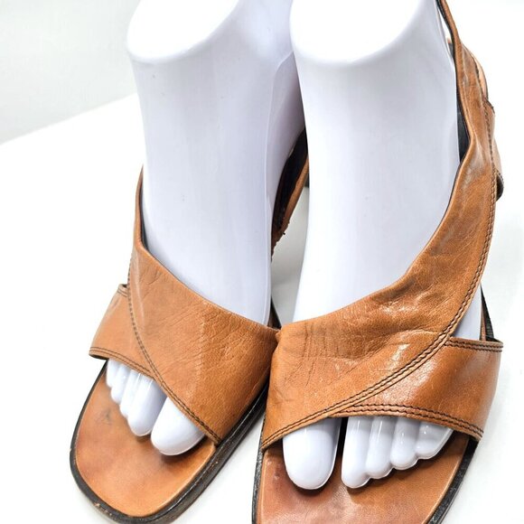 Vintage 90s Y2K Made in Italy Cognac Brown Leather Square Toe Block Heels - Picture 2 of 12